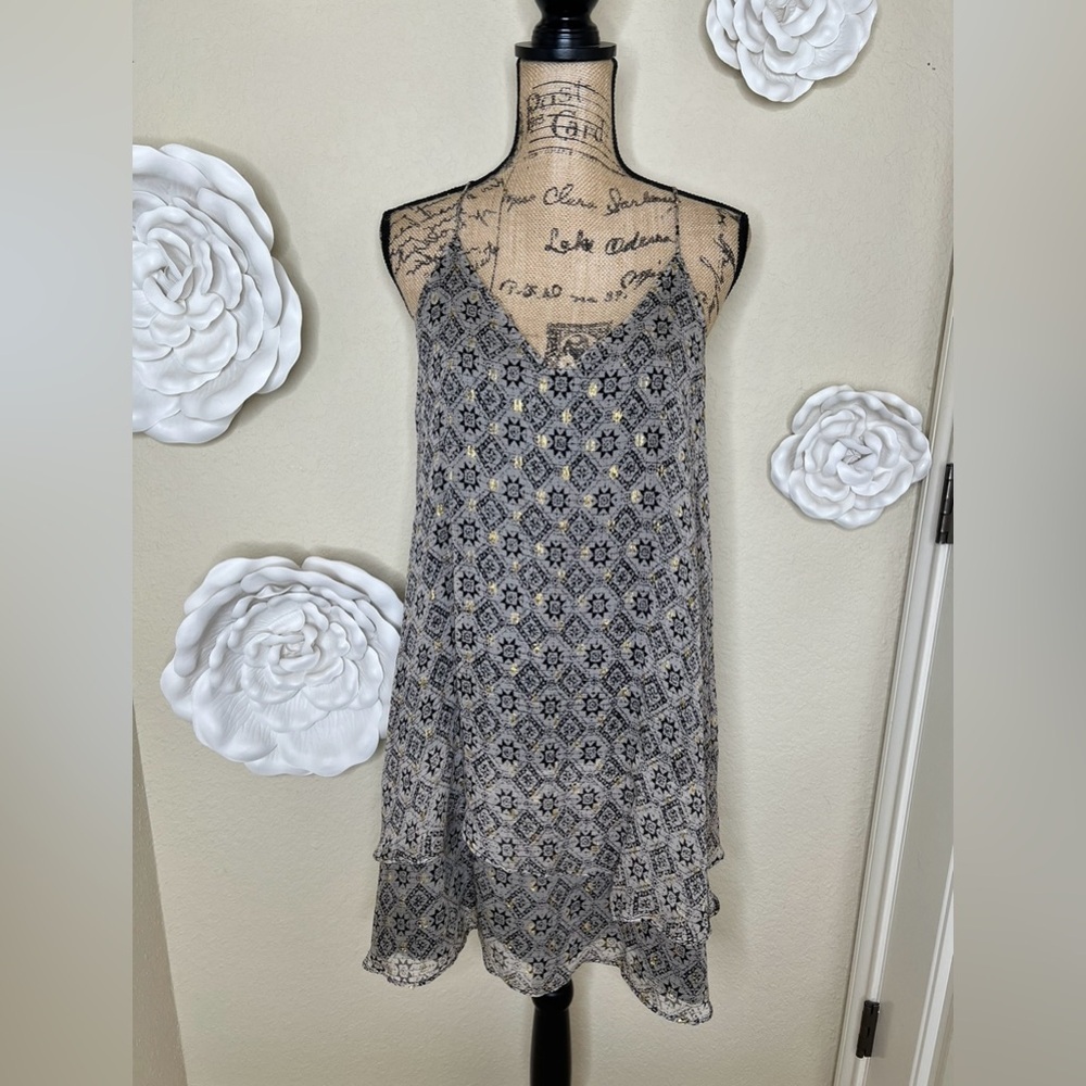 NTM: Lavender Brown, Black & Cream Print with Gold Threads Mini Dress Sz L